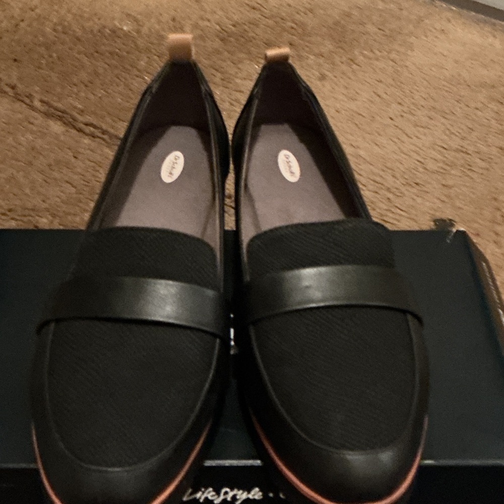 Dr. Scholl's Black Slip-On Loafers with Tan Heel Pull